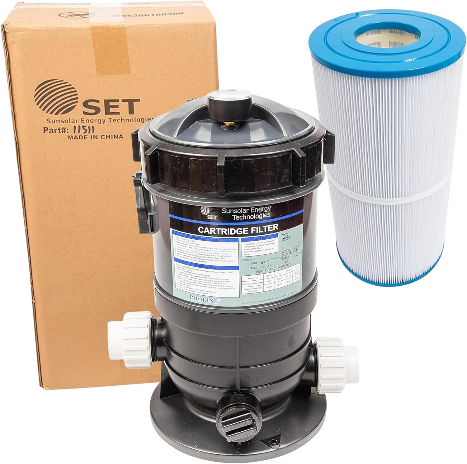 SET SUNSOLAR ENERGY TECHNOLOGIES Pool Cartridge Filter System 60SF Filter Area for Pools up to 10 000 Gallons. Union Fittings for 1.5" Pipe Included.