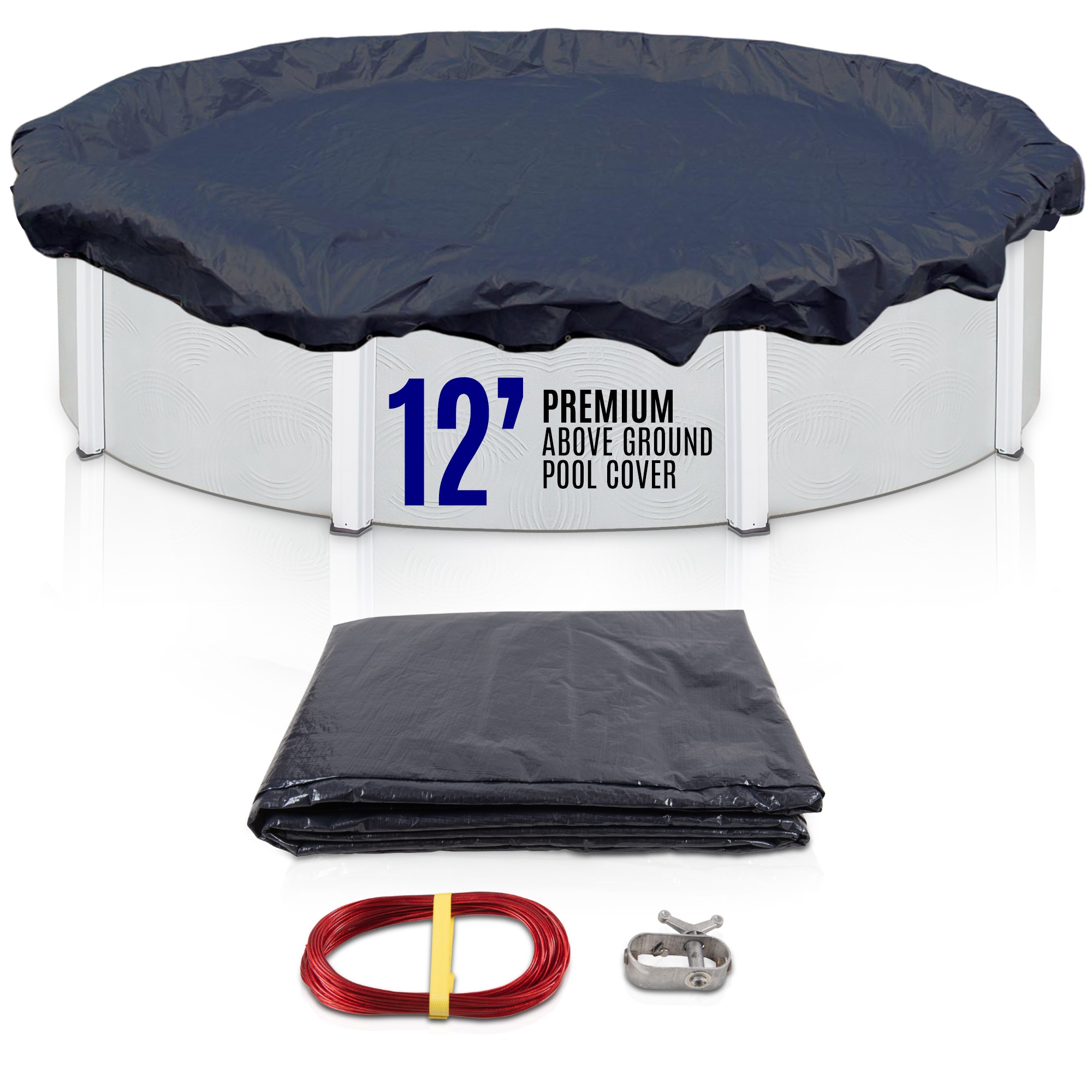 SET SunSolar Energy Technologies-  Premium series Above Ground Solid Pool Cover for 12 Foot Round Swimming Pool - Winter Pool Cover with Sturdy Cable and Winch 8-Yr warranty