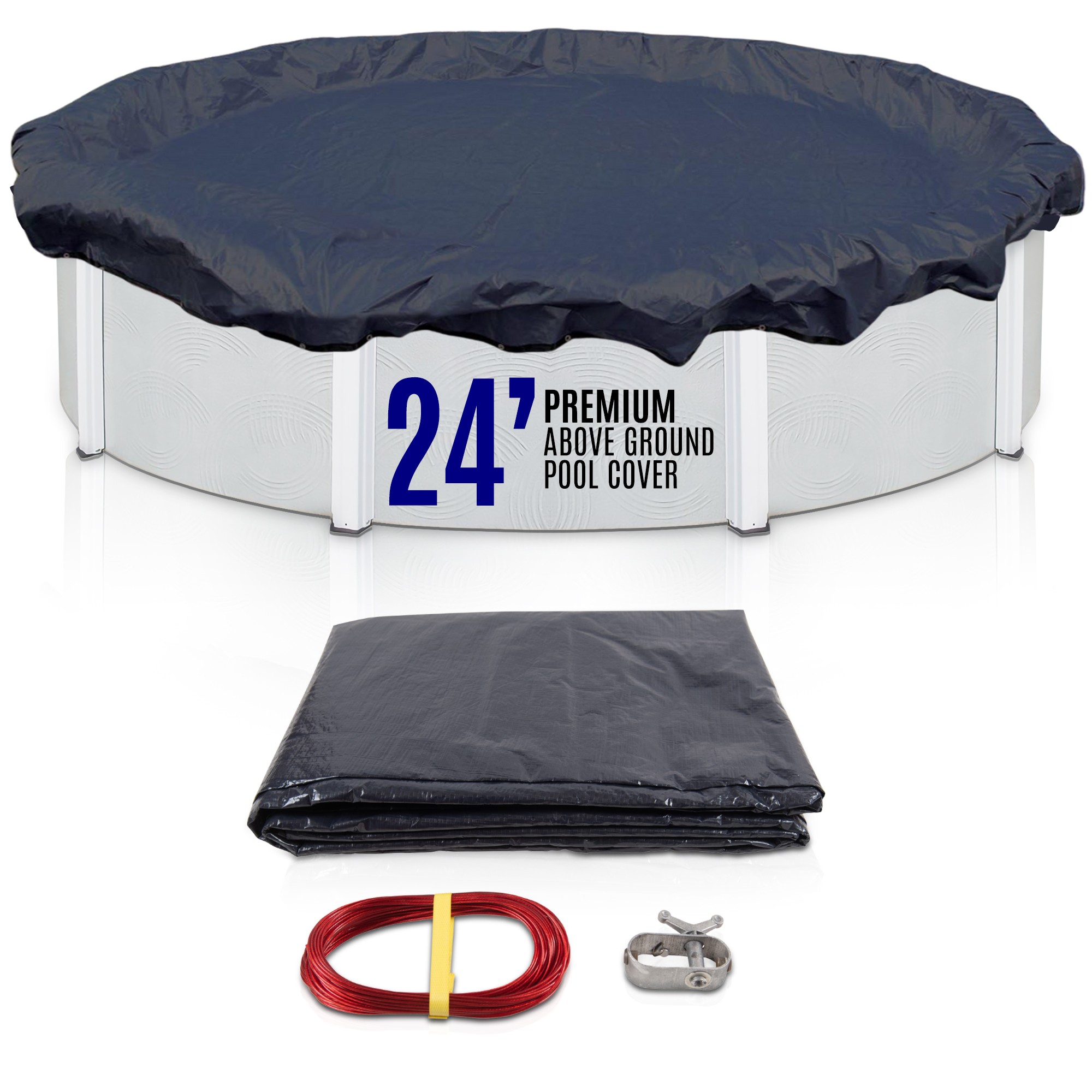 SET SunSolar Energy Technologies-  Premium series Above Ground Solid Pool Cover for 24 Foot Round Swimming Pool - Winter Pool Cover with Sturdy Cable and Winch 8-Yr warranty