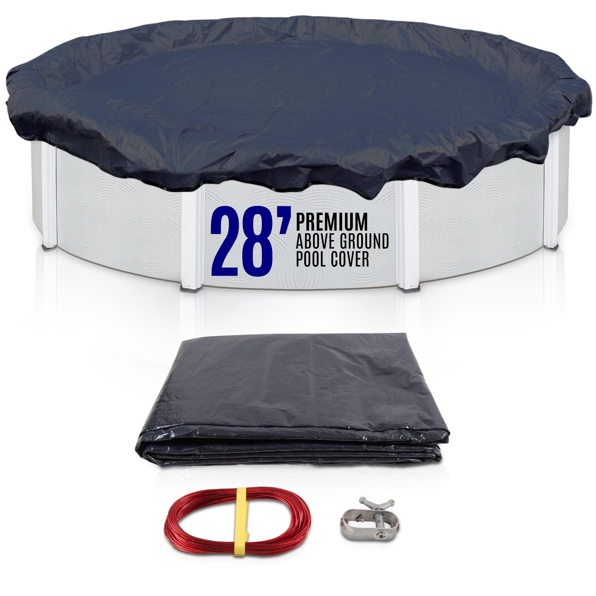 SET SunSolar Energy Technologies-  Premium series Above Ground Solid Pool Cover for 28 Foot Round Swimming Pool - Winter Pool Cover with Sturdy Cable and Winch 8-Yr warranty