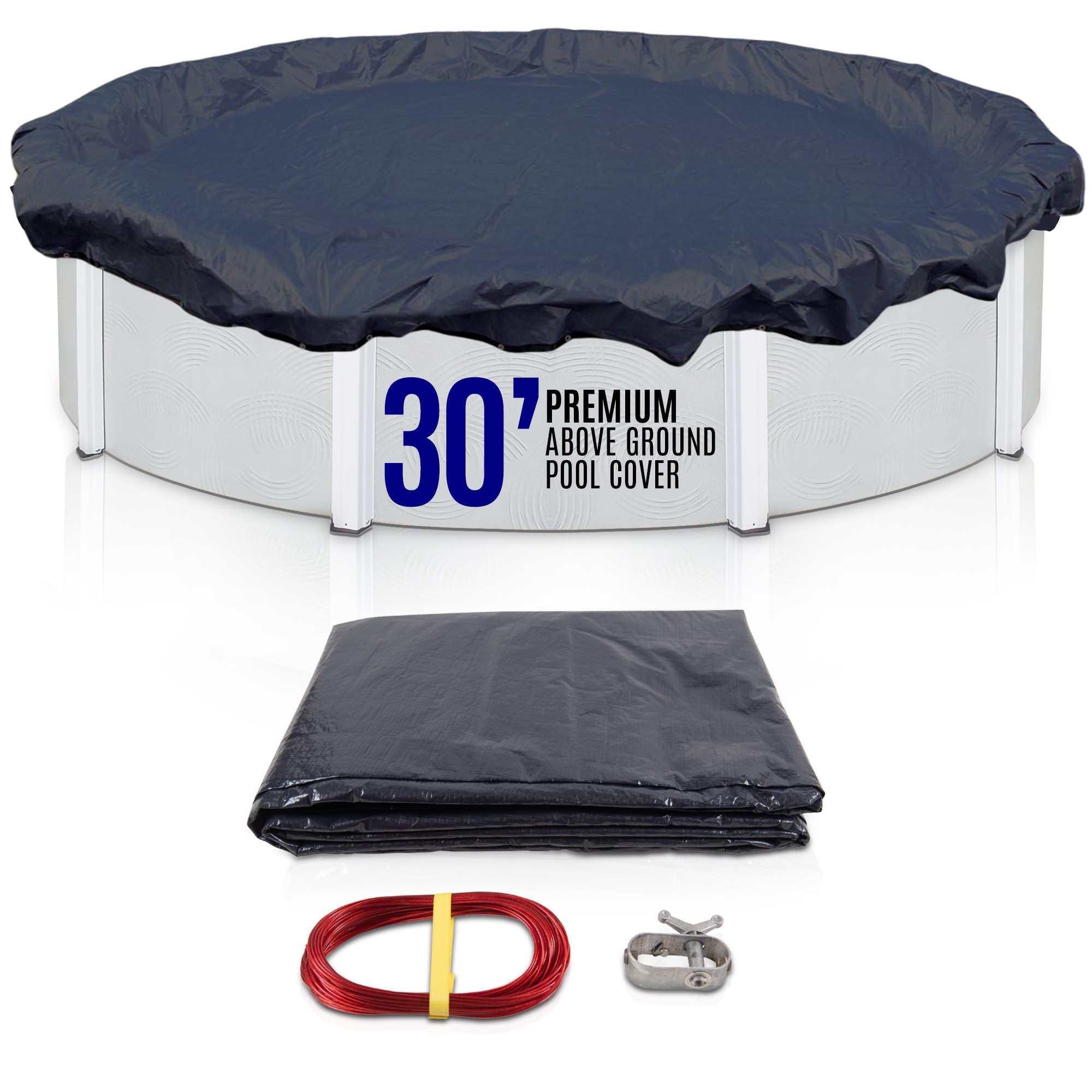 SET SunSolar Energy Technologies-  Premium series Above Ground Solid Pool Cover for 30 Foot Round Swimming Pool - Winter Pool Cover with Sturdy Cable and Winch 8-Yr warranty